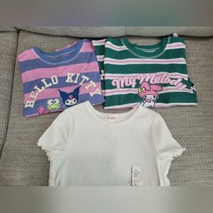 Girls Hello Kitty & My Melody Striped Tops + Cream Rib Tee Set Of 3-large